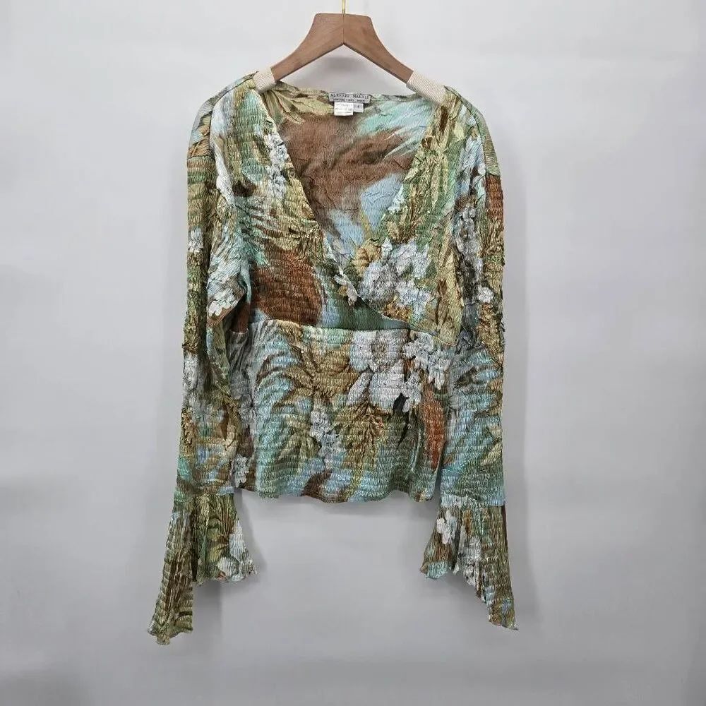 Alberto Makali Top Size Large Smocked Bell Sleeve Sequined V-Neck